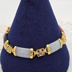 Vintage Multi Color Jade Chinese Character Link Bracelet Gold Tone 7.5 Inch